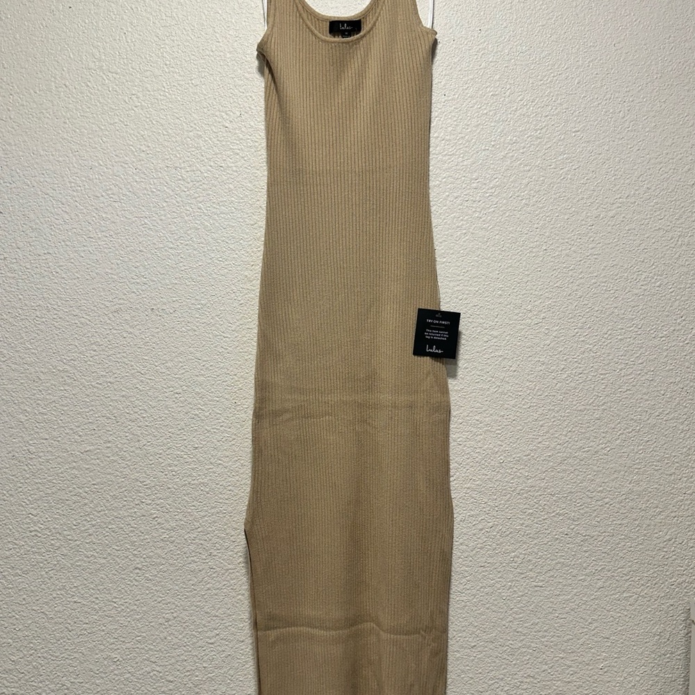 Lulu's Beige Ribbed Sleeveless Maxi Dress NWT